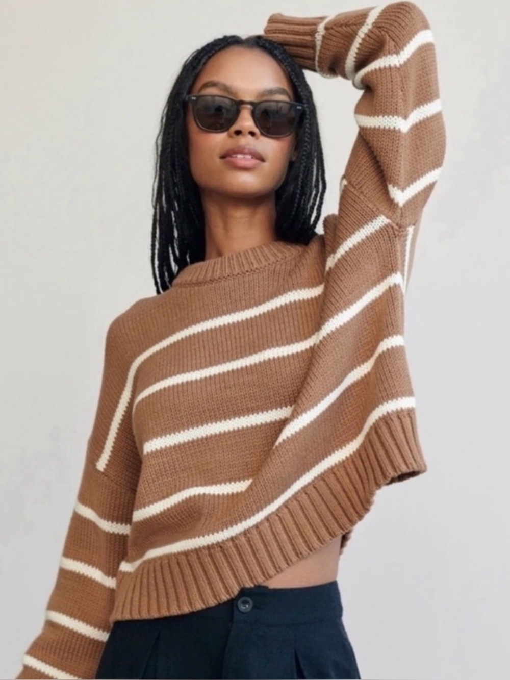 Jenni Kayne Chloe Cropped Crewneck Sweater Brown Cotton Knit Size XXS